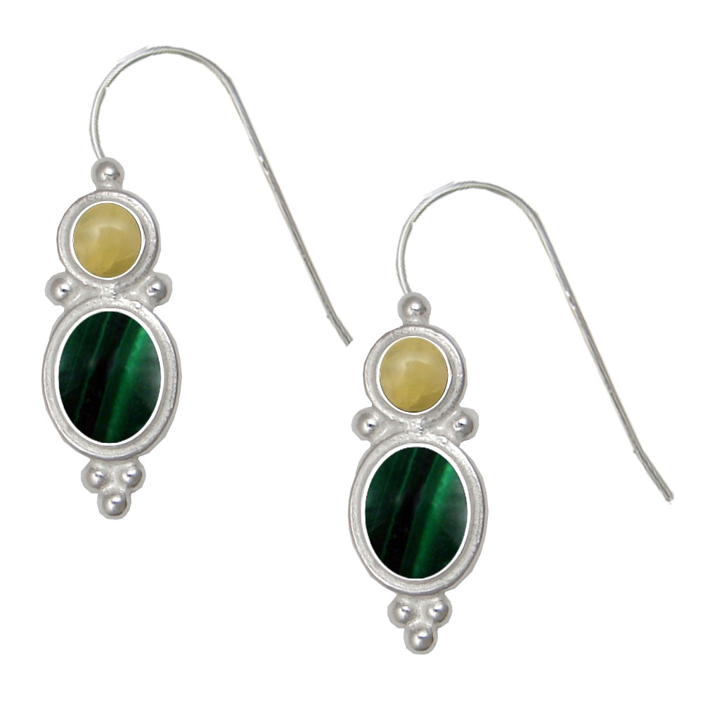 Sterling Silver Drop Dangle Earrings Malachite And Yellow Aragonite